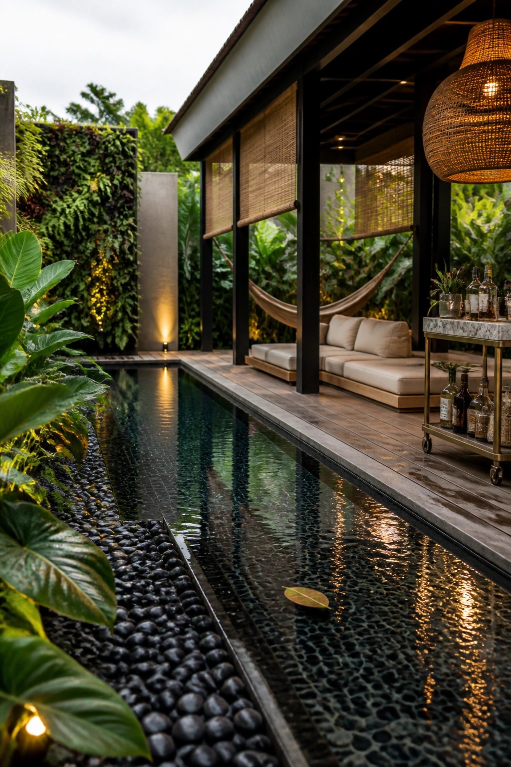 25 Beautiful Pool Patio Decorating Ideas Full of Texture, Lighting, and Color A long narrow pool with pebble borders runs beside a wooden deck that holds a sofa and a rolling bar cart with bottles, while woven pendant lights hang overhead and tropical plants line the edges.