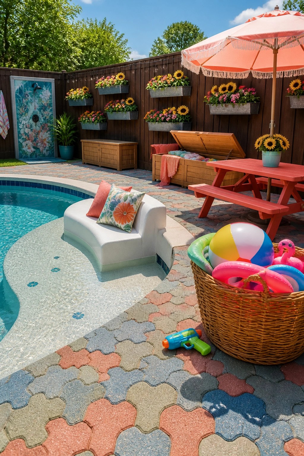 25 Beautiful Pool Patio Decorating Ideas Full of Texture, Lighting, and Color A backyard swimming pool patio with a red picnic table, white curved lounge chair, pink patio umbrella, and a wicker basket of pool toys on multicolored pavers.