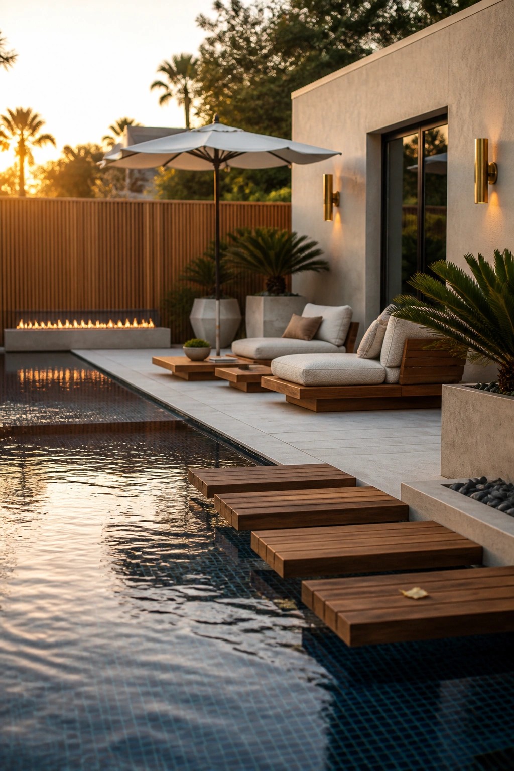 25 Beautiful Pool Patio Decorating Ideas Full of Texture, Lighting, and Color Modern backyard pool with wooden lounge seating, an umbrella, a fire pit, and wooden steps extending into the water at sunset.