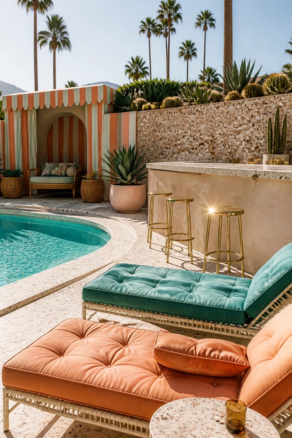 25 Beautiful Pool Patio Decorating Ideas Full of Texture, Lighting, and Color Poolside patio with teal and orange tufted cushions on white rattan lounge chairs, gold bar stools at a terrazzo counter, and a striped orange and teal cabana structure.