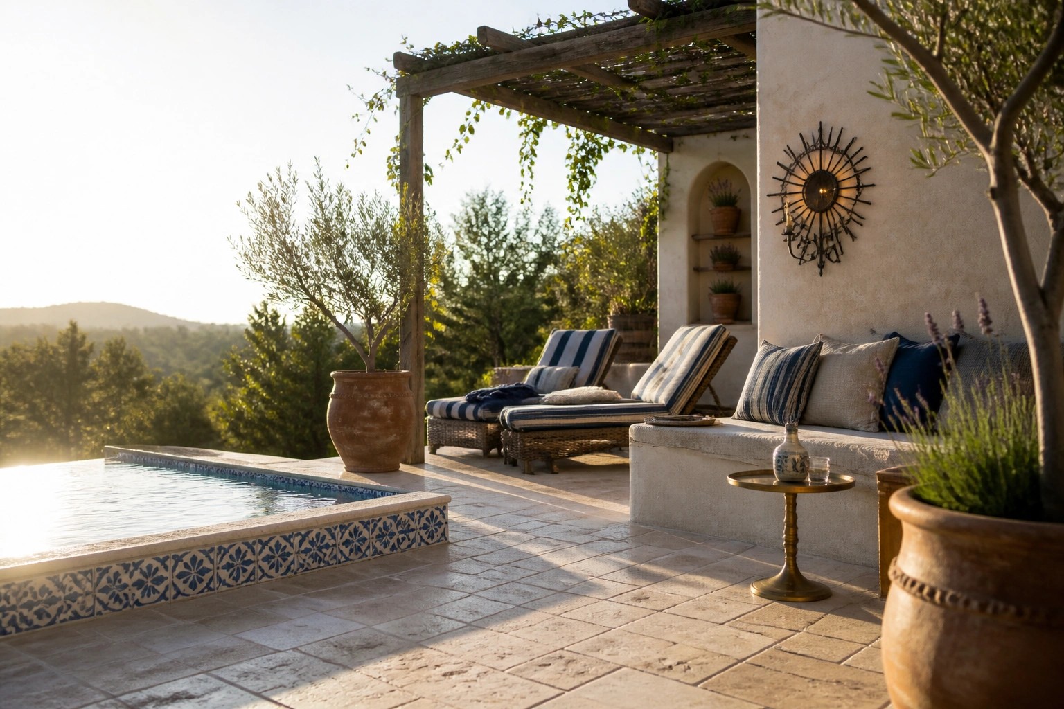 Wooden pergola with vines shades two striped lounge chairs on a stone patio beside a pool, with terracotta pots and a small side table.
