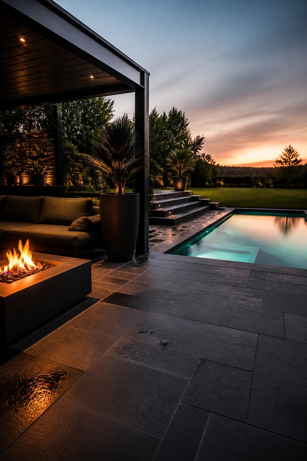 25 Beautiful Pool Patio Decorating Ideas Full of Texture, Lighting, and Color A modern outdoor pool patio at dusk featuring a lit square fire pit on dark stone tiles, a rectangular pool with glowing water, a covered seating area, and large potted plants.