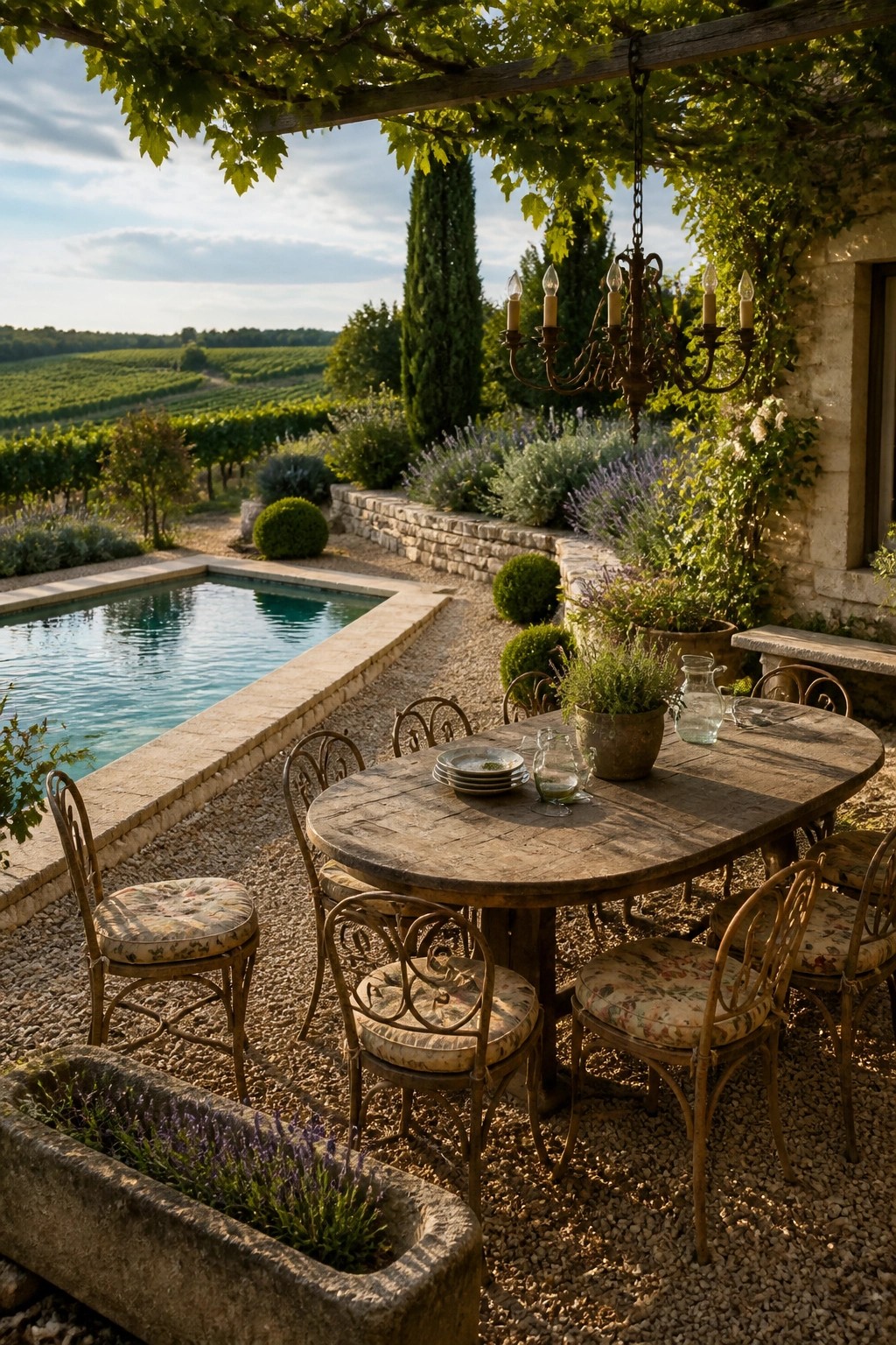 25 Beautiful Pool Patio Decorating Ideas Full of Texture, Lighting, and Color Rustic wooden table with floral chairs beside pool overlooking vineyard hills