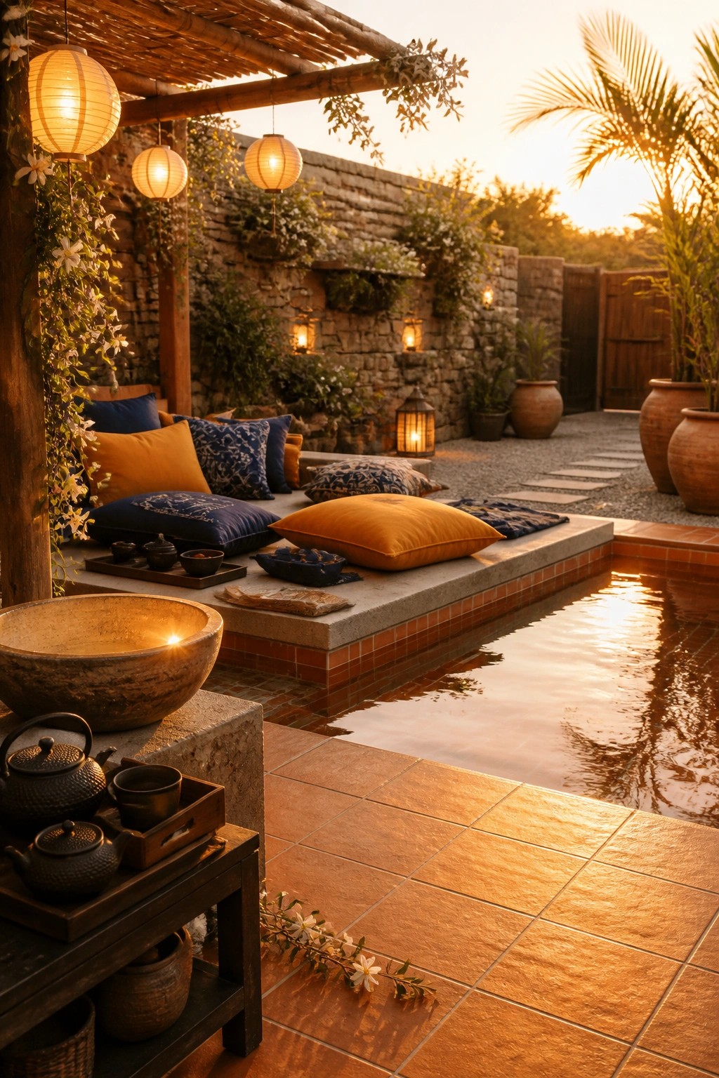 25 Beautiful Pool Patio Decorating Ideas Full of Texture, Lighting, and Color A poolside patio features a raised concrete platform with blue and orange cushions, several hanging paper lanterns, and a narrow reflecting pool bordered by terracotta tile.