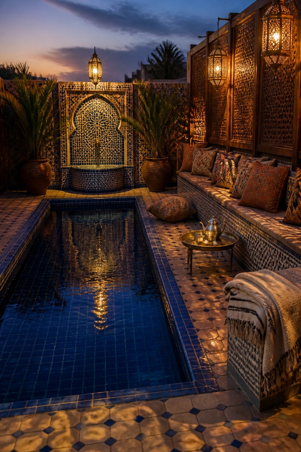 25 Beautiful Pool Patio Decorating Ideas Full of Texture, Lighting, and Color A rectangular tiled pool at dusk with blue mosaic edges, a built-in cushioned bench on the right, hanging metal lanterns, and a small fountain in the background.