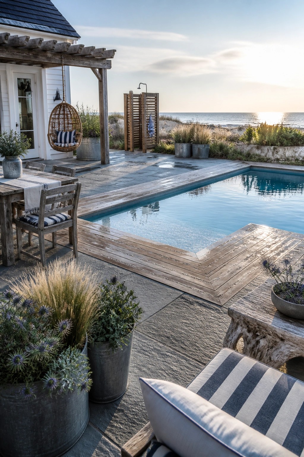 25 Beautiful Pool Patio Decorating Ideas Full of Texture, Lighting, and Color A coastal pool patio with wood decking next to stone pavers, outdoor seating, potted plants, and an ocean view.