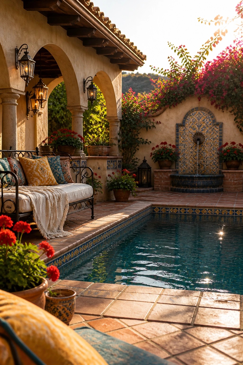 25 Beautiful Pool Patio Decorating Ideas Full of Texture, Lighting, and Color A pool patio with blue and yellow patterned tile borders around the pool and on a decorative fountain, arched covered seating with colorful cushions, and potted red flowers.