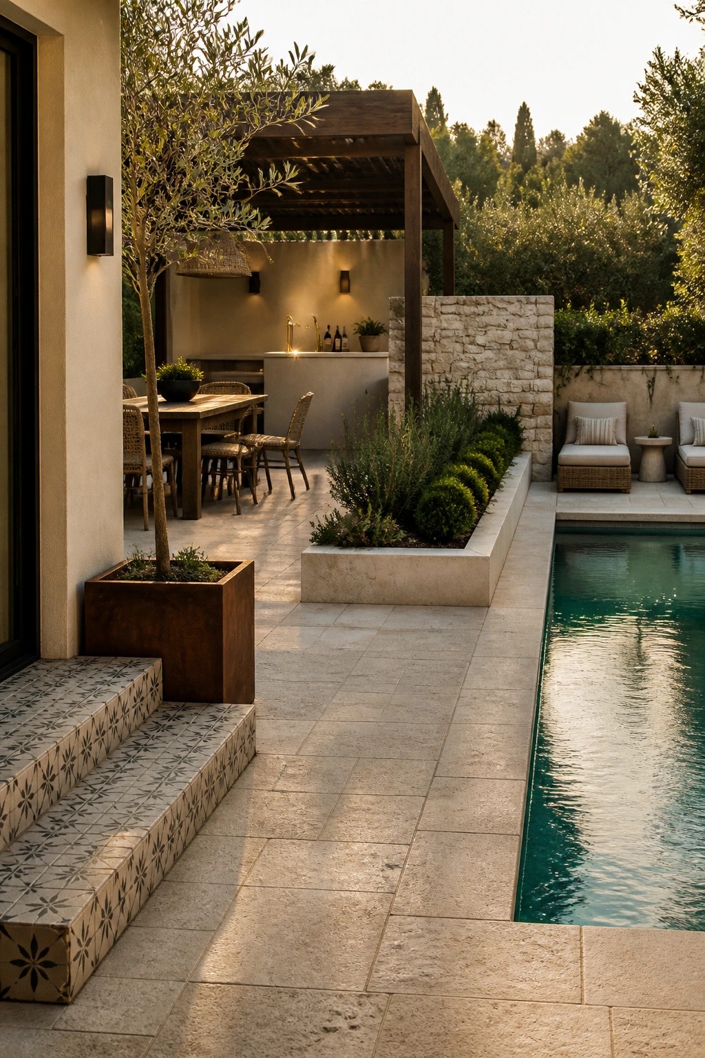 25 Beautiful Pool Patio Decorating Ideas Full of Texture, Lighting, and Color A swimming pool patio with a wooden pergola covering an outdoor bar counter, lounge chairs, a dining table, and raised planters along the stone deck.