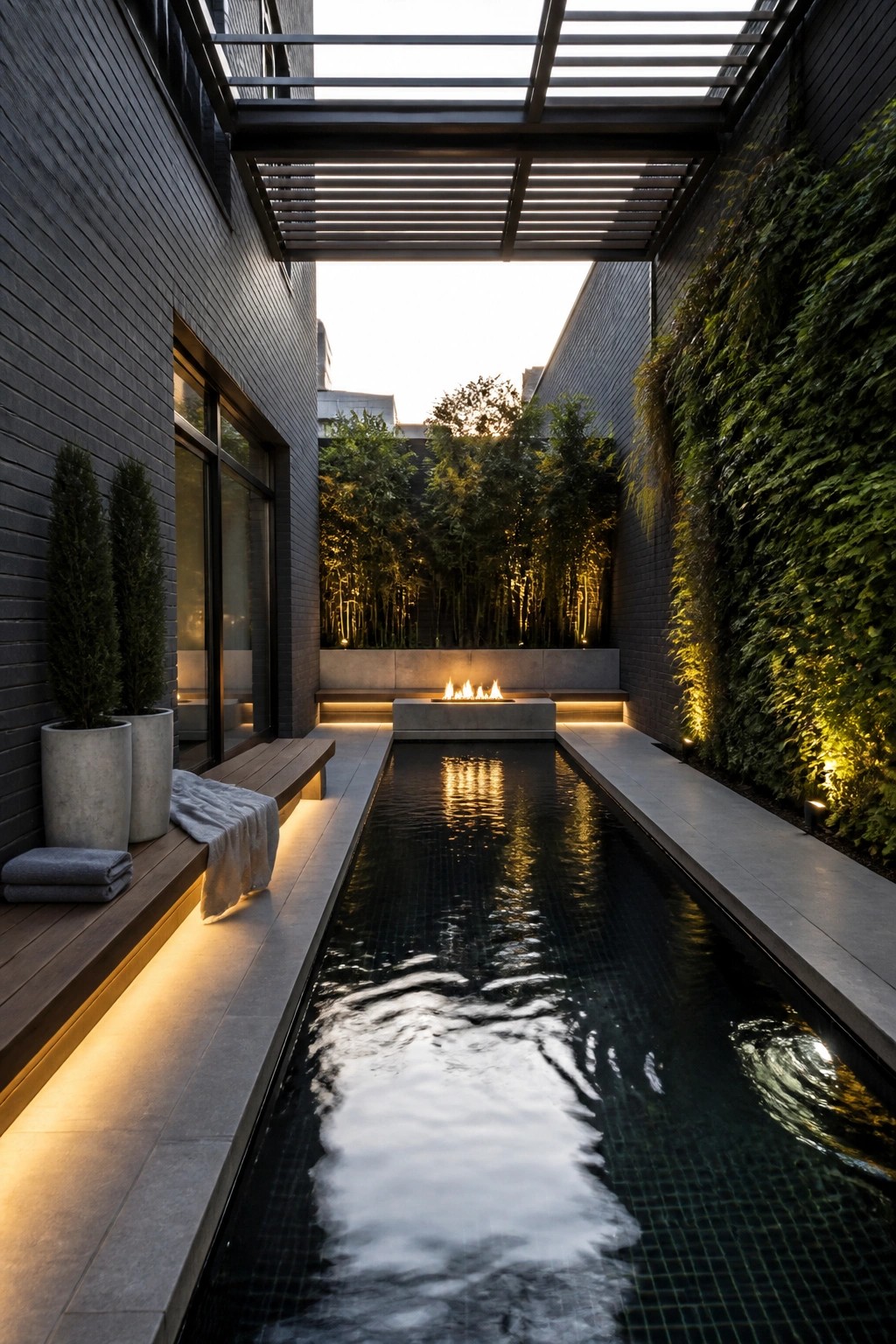 25 Beautiful Pool Patio Decorating Ideas Full of Texture, Lighting, and Color A narrow rectangular pool in a dark brick courtyard with a concrete fire pit at the far end, its flames reflecting on the water, flanked by vertical gardens and a slatted overhead structure.