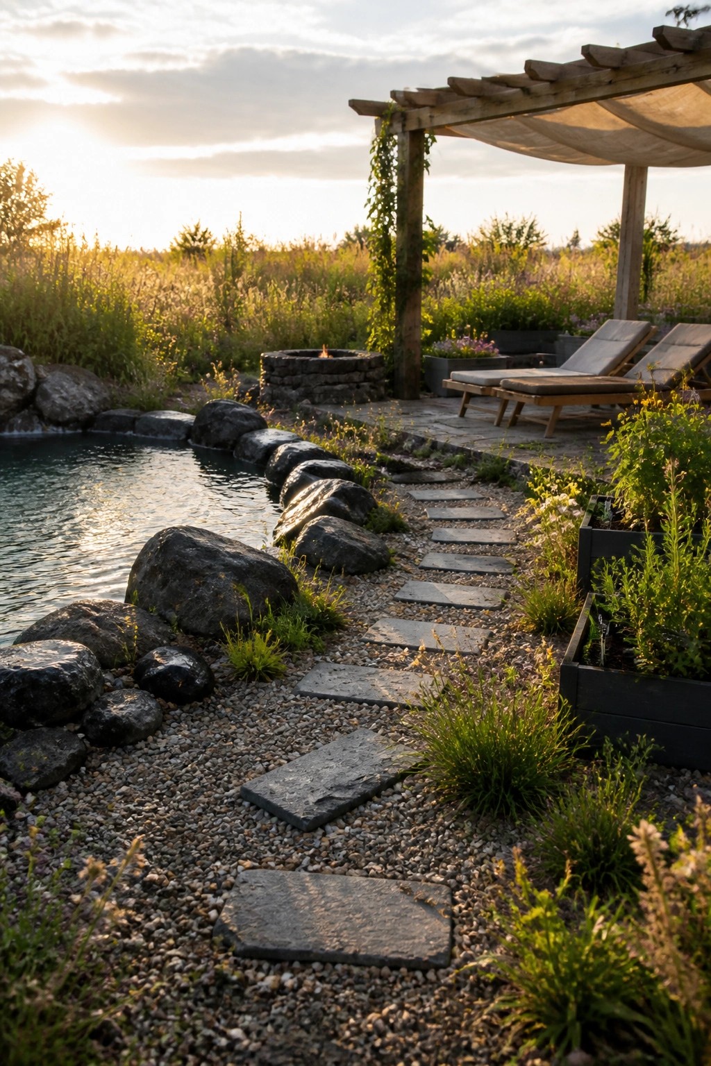 25 Beautiful Pool Patio Decorating Ideas Full of Texture, Lighting, and Color A gravel path lined with large rocks runs beside a natural pool, with stepping stones leading toward a stone fire pit and lounge chairs under a pergola.