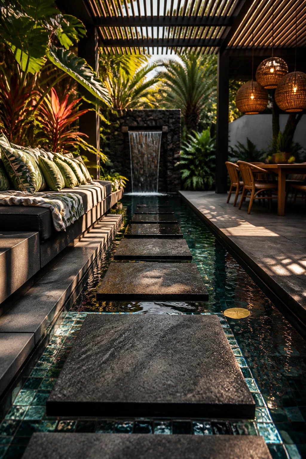 25 Beautiful Pool Patio Decorating Ideas Full of Texture, Lighting, and Color A long narrow pool with large dark stepping stones leading toward a stone waterfall, with cushioned lounge seating on the left and a wooden dining table with hanging lights on the right.