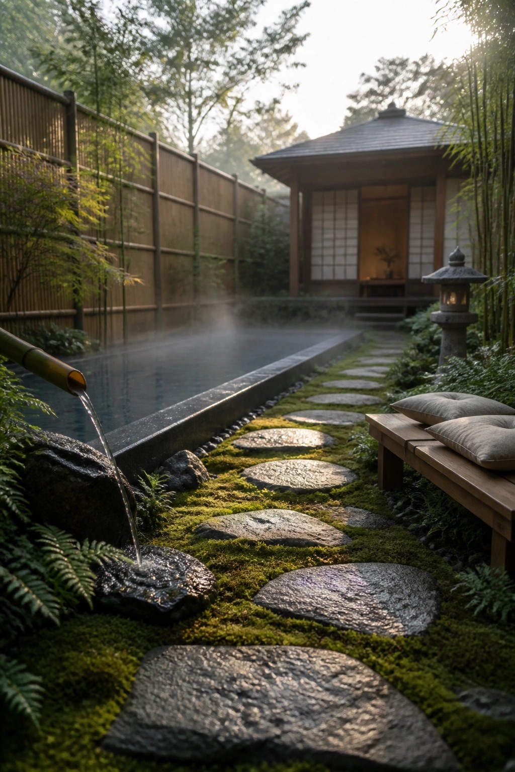25 Beautiful Pool Patio Decorating Ideas Full of Texture, Lighting, and Color A narrow garden path of irregular stepping stones set in green moss runs beside a rectangular pool with water flowing from a bamboo pipe, next to a wooden bench and a Japanese-style building in the background.