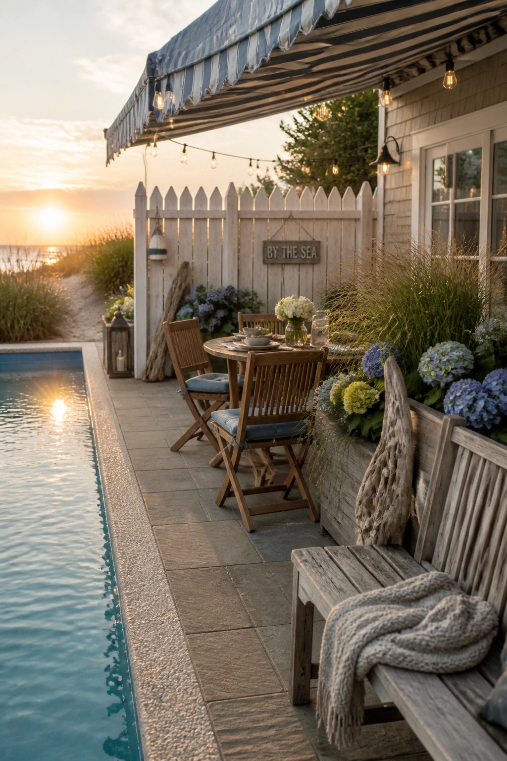25 Beautiful Pool Patio Decorating Ideas Full of Texture, Lighting, and Color Seaside patio with striped awning, string lights, wooden table, pool, and sunset.