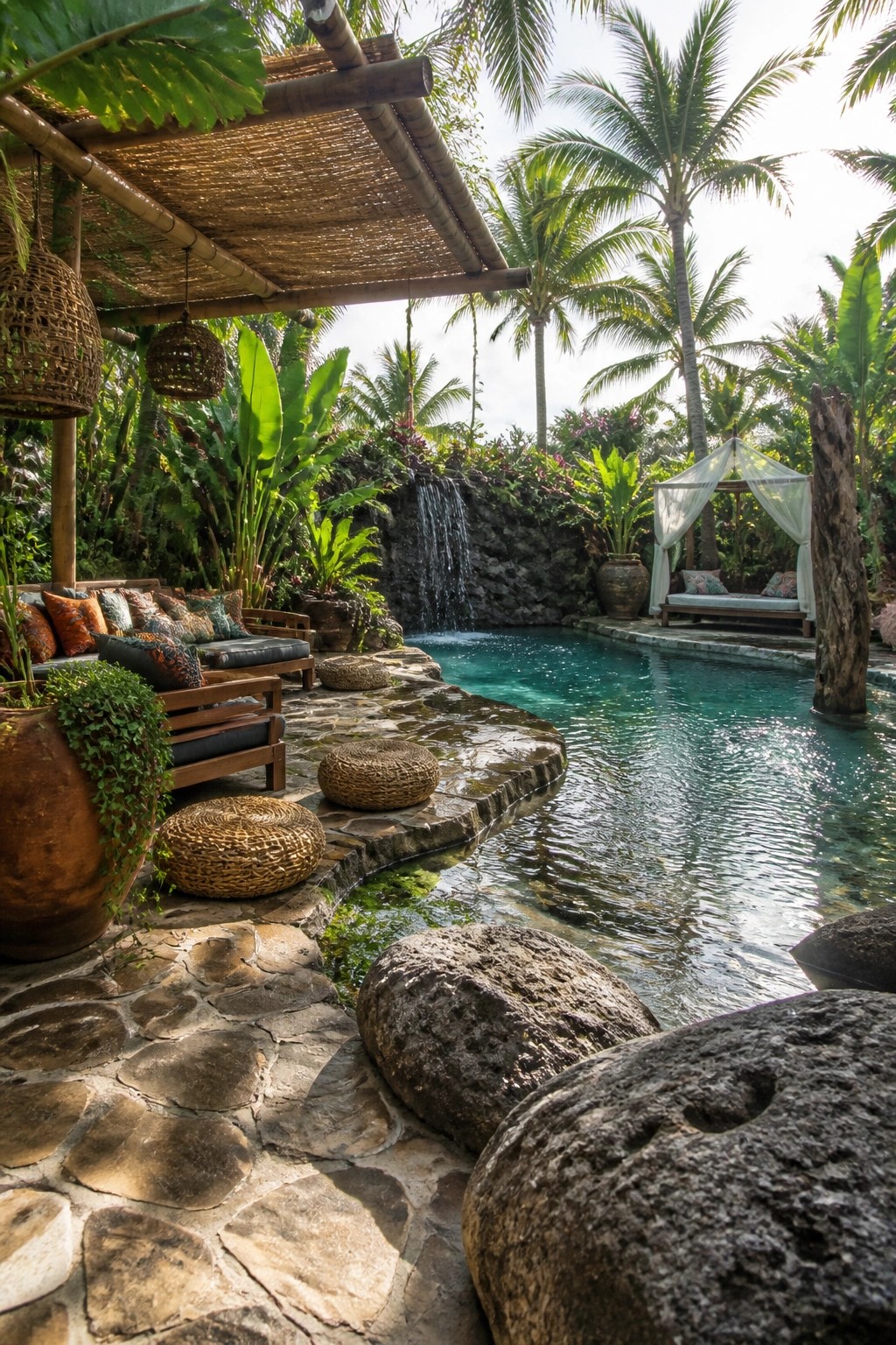 25 Beautiful Pool Patio Decorating Ideas Full of Texture, Lighting, and Color A stone pool deck with woven seating poufs, wooden lounge chairs under a bamboo shade structure, and a small waterfall feeding into a turquoise pool surrounded by tropical plants.