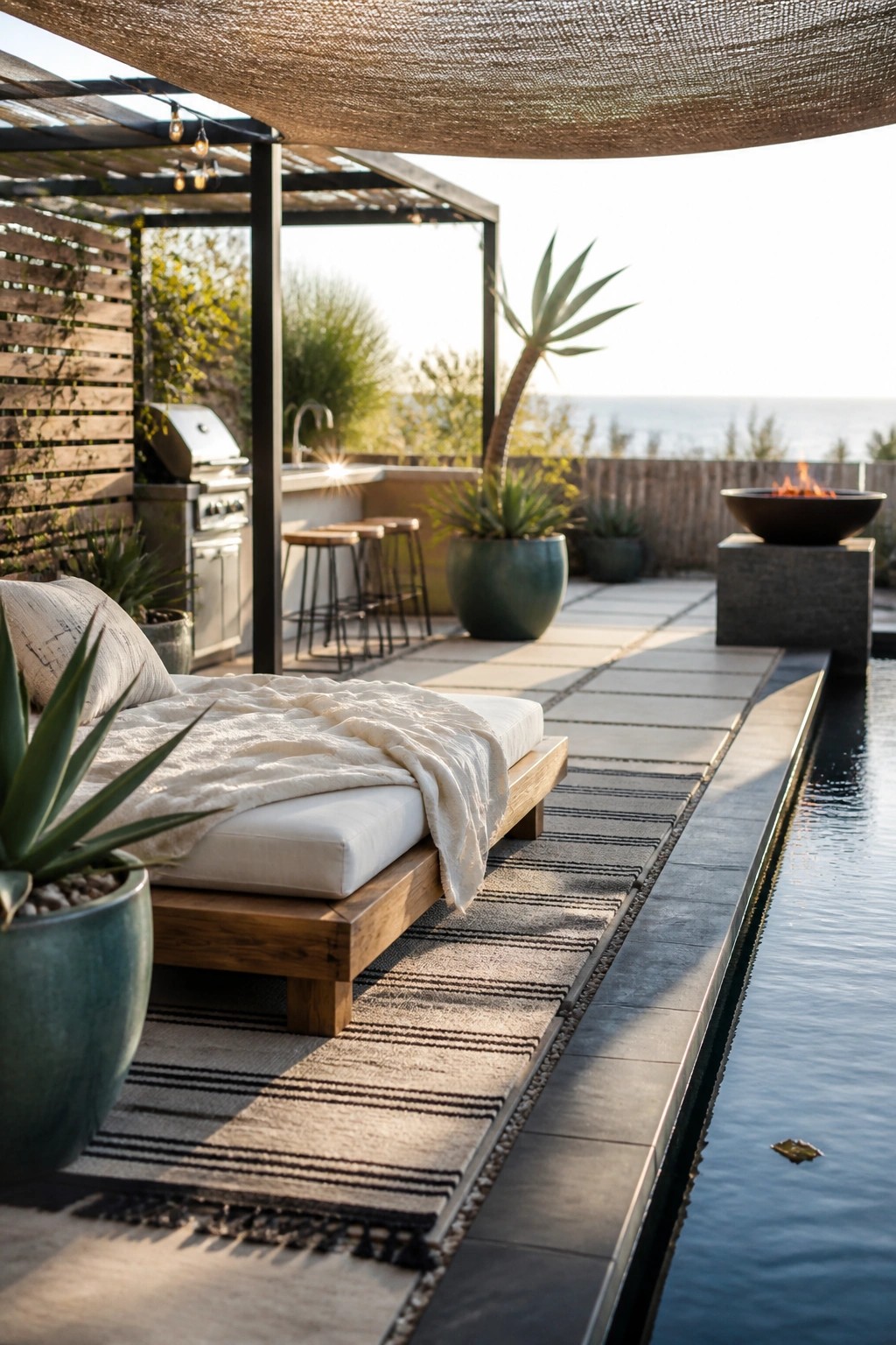 25 Beautiful Pool Patio Decorating Ideas Full of Texture, Lighting, and Color Luxury patio with wooden daybed, striped rug, pool, fire pit, ocean view