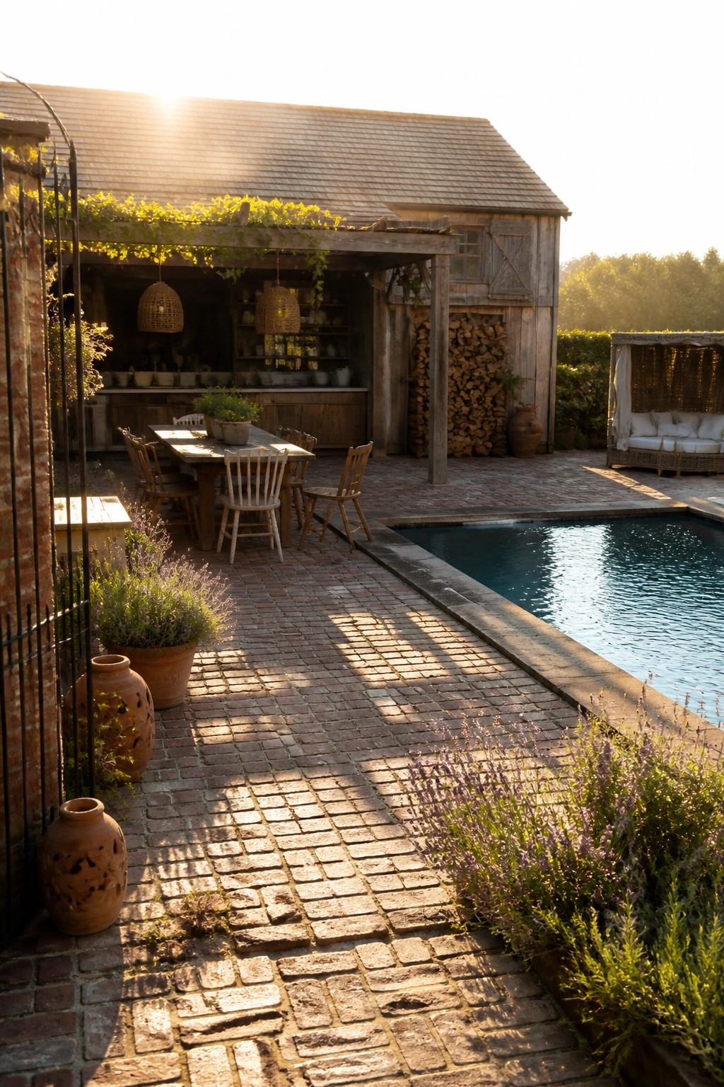 25 Beautiful Pool Patio Decorating Ideas Full of Texture, Lighting, and Color A wooden dining table and chairs sit on a brick patio beside a swimming pool, with a rustic wooden structure and potted plants nearby.