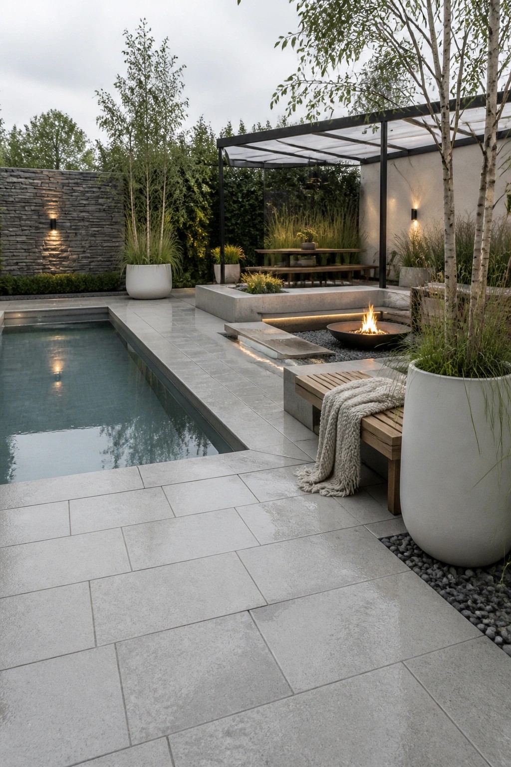 25 Beautiful Pool Patio Decorating Ideas Full of Texture, Lighting, and Color Modern patio with pool, fire pit, wooden bench, and large white planters.