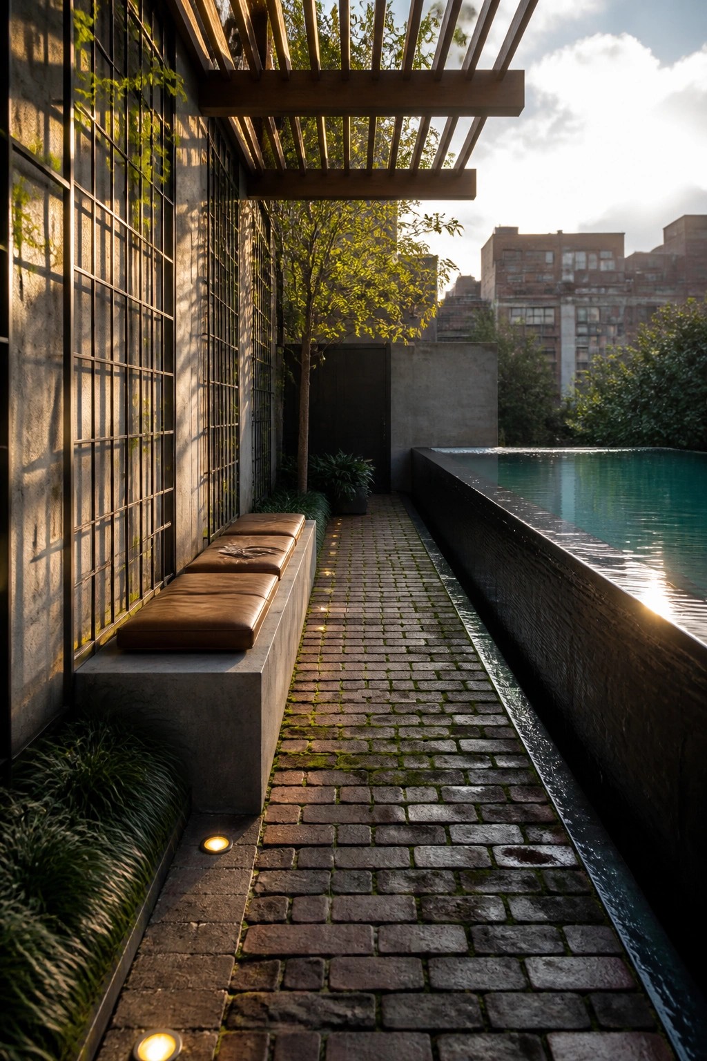 A narrow brick pathway runs between a concrete bench with brown cushions and a long dark-edged infinity pool in an outdoor space.