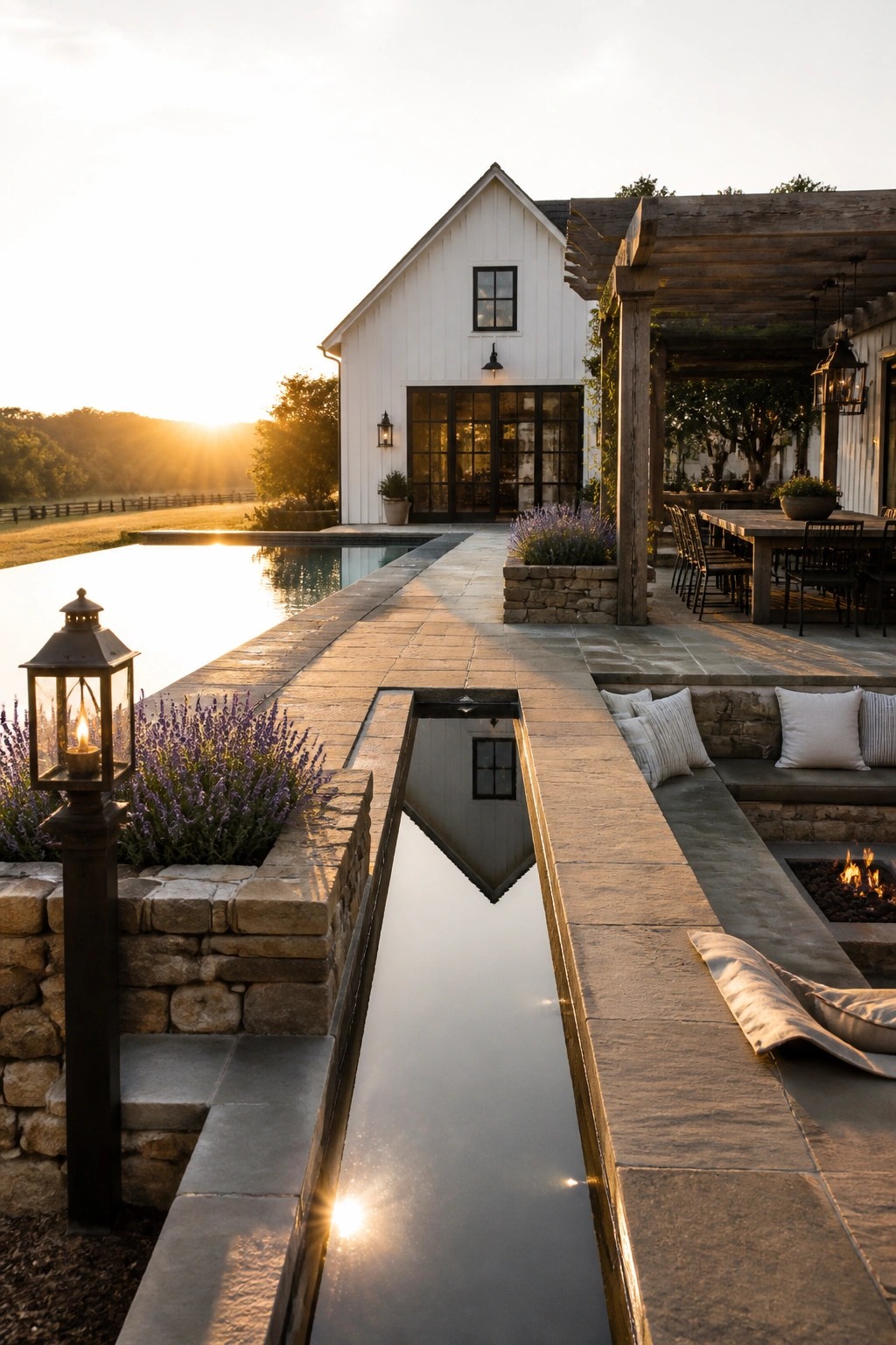 A white house with dark-framed windows overlooks a stone patio that includes a long narrow water channel, built-in seating, a fire pit, and a dining area under a wooden pergola, with an infinity pool in the background.