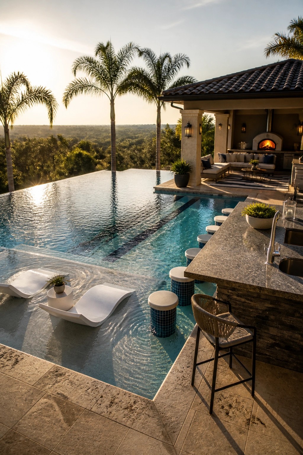 A modern backyard with an infinity pool, adjacent outdoor kitchen bar with stools, and covered lounge area with fireplace overlooking trees at sunset.