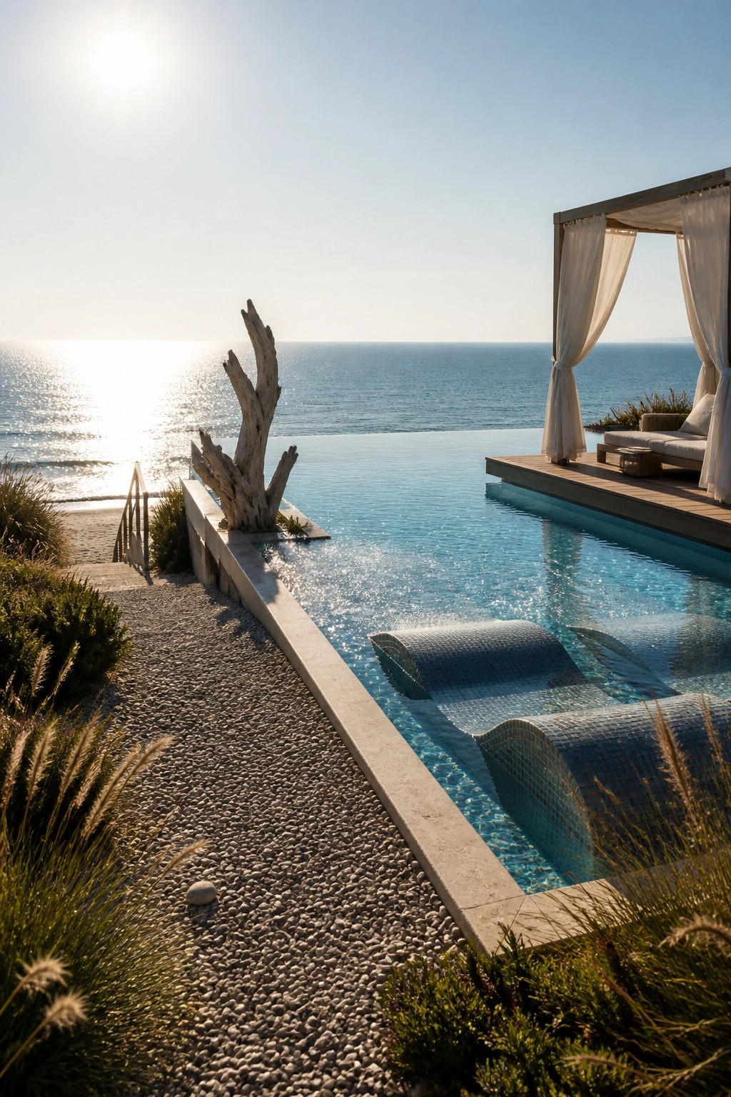An infinity pool with mosaic tile steps and a wooden deck cabana with white curtains overlooks the ocean.