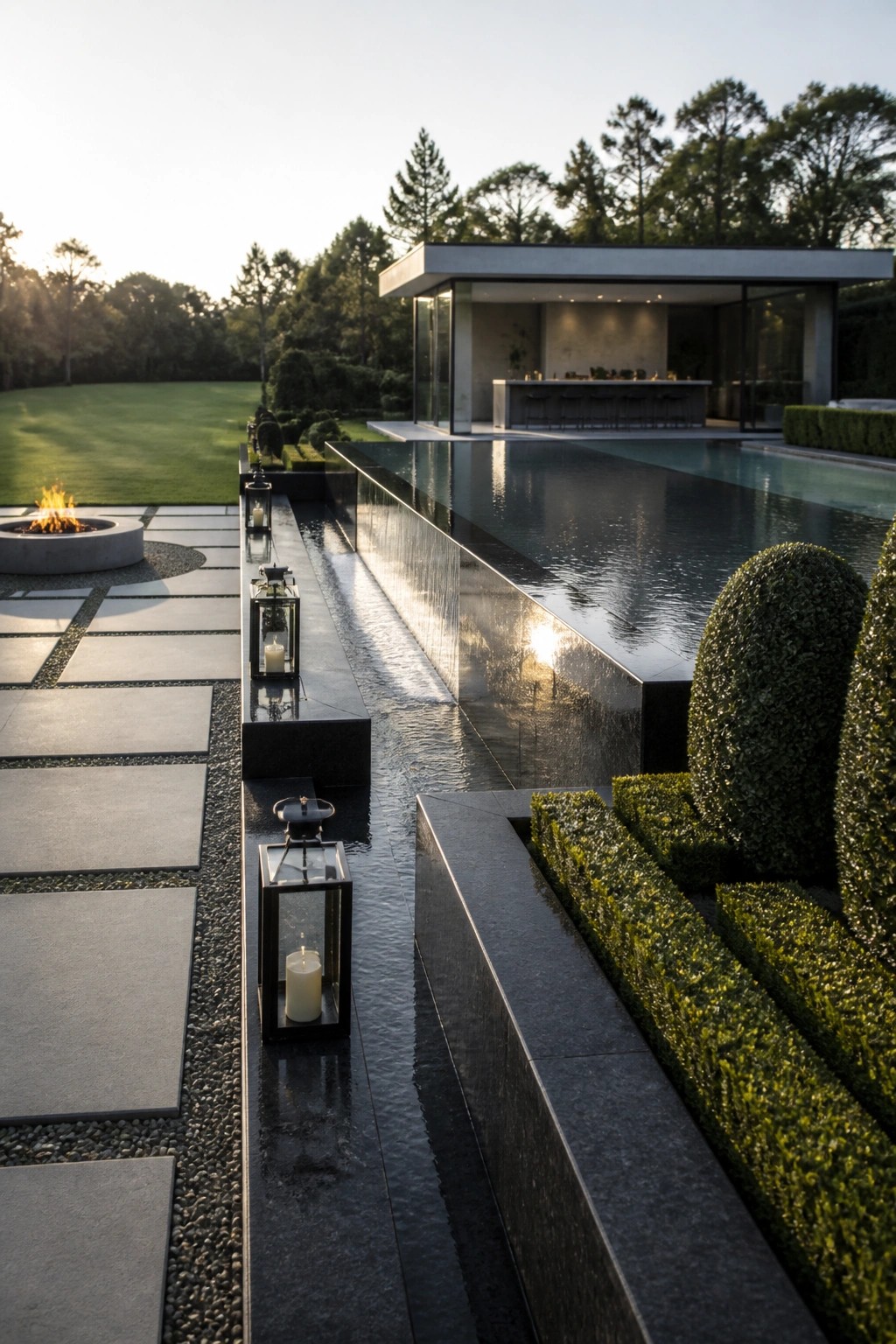 Modern villa with infinity pool, candle lanterns, fire pit at dusk