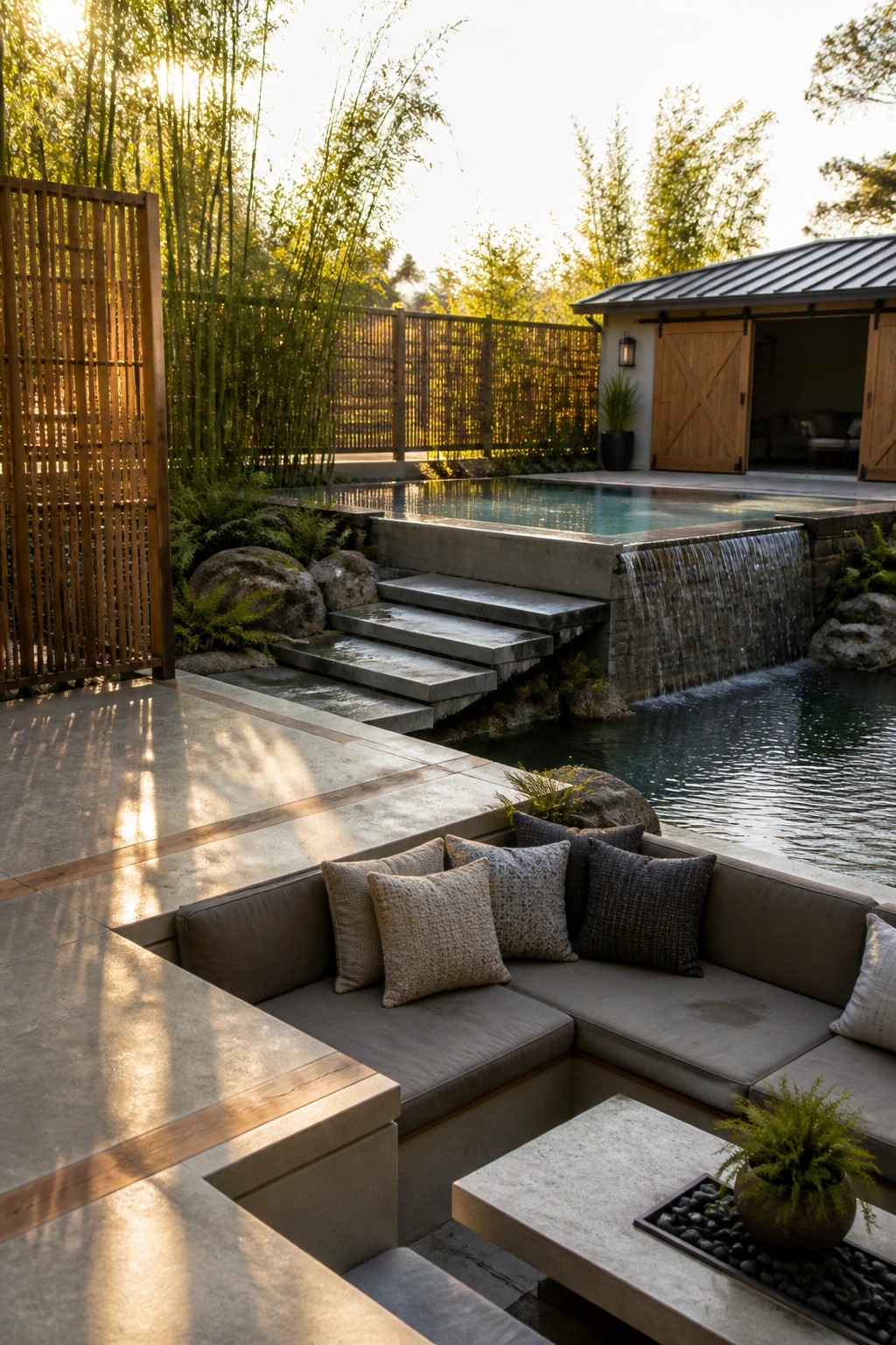 An outdoor pool with concrete steps, a small waterfall, and a built-in L-shaped sofa with cushions along the water's edge.