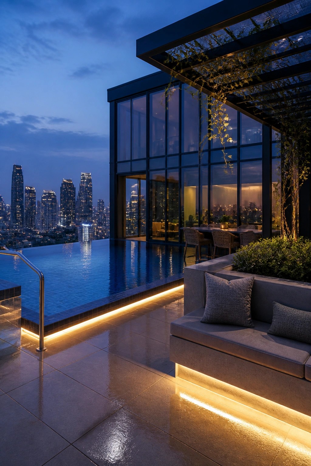 A rooftop infinity pool at dusk with glowing edges, a concrete sofa with gray cushions, and a modern glass building overlooking a city skyline.