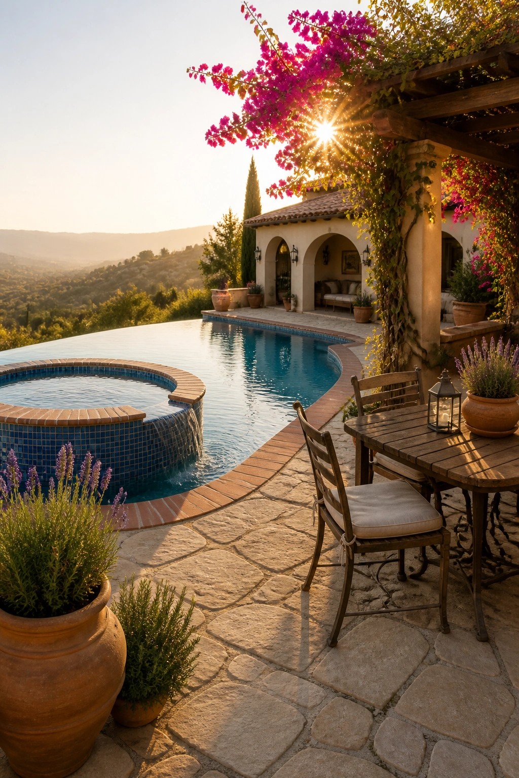 An infinity pool with attached circular spa sits next to a stone patio holding a wooden dining table and chairs, with potted plants and flowering vines nearby.