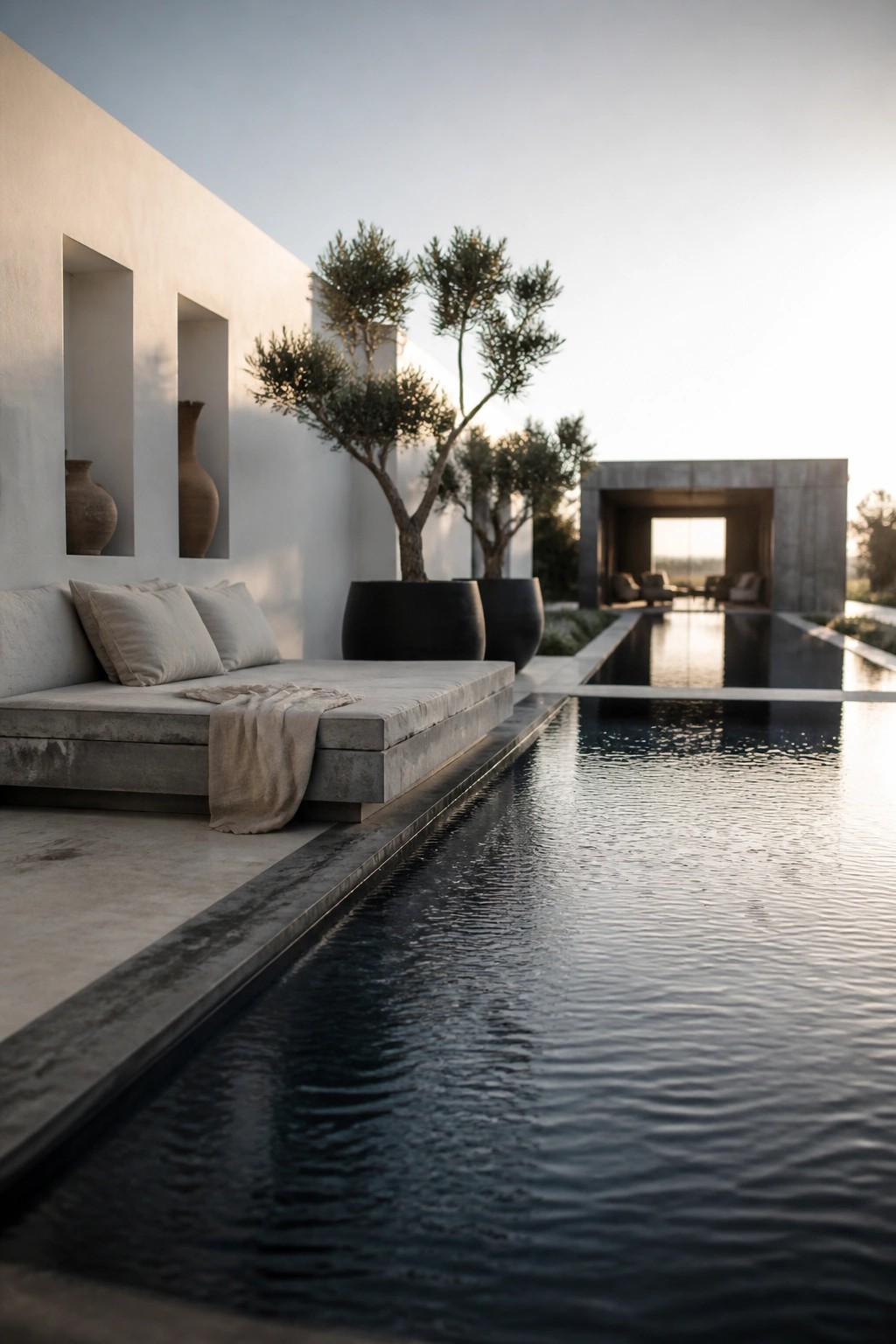 Modern minimalist patio with concrete daybed, olive trees, and long reflecting pool at dusk