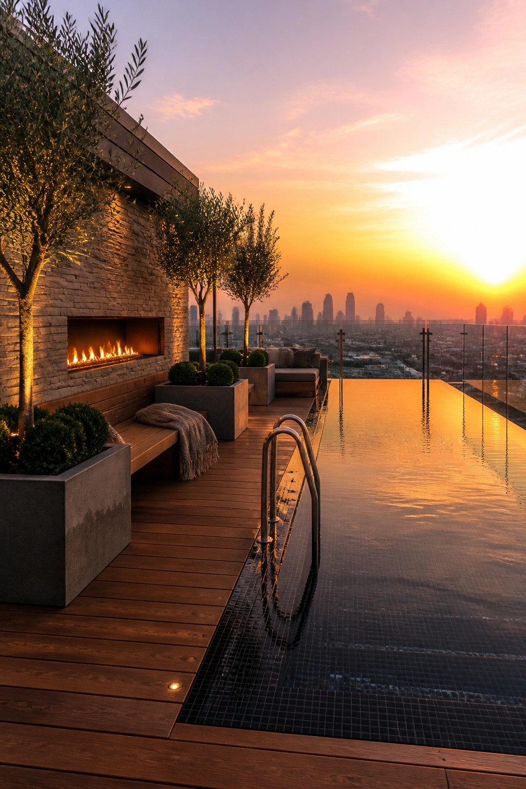 A rooftop infinity pool at sunset with a wooden deck, built-in fireplace on a stone wall, potted trees, and a glass railing overlooking the city.