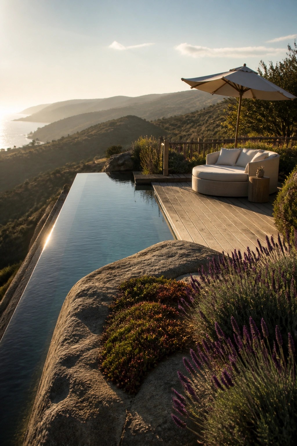 An infinity pool with a wooden deck, round outdoor sofa, and large umbrella, set on a hillside with distant hills and water in view.