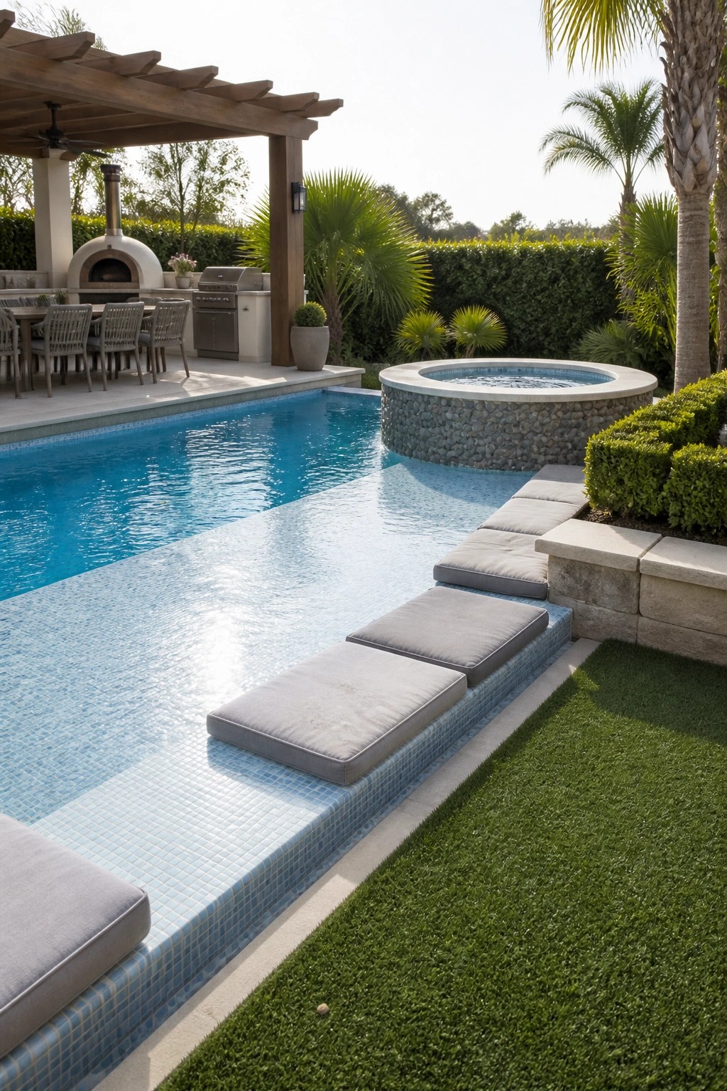 A backyard pool with wide blue-tiled steps lined with gray cushions, a round stone spa, and a wooden pergola with an outdoor kitchen in the background.