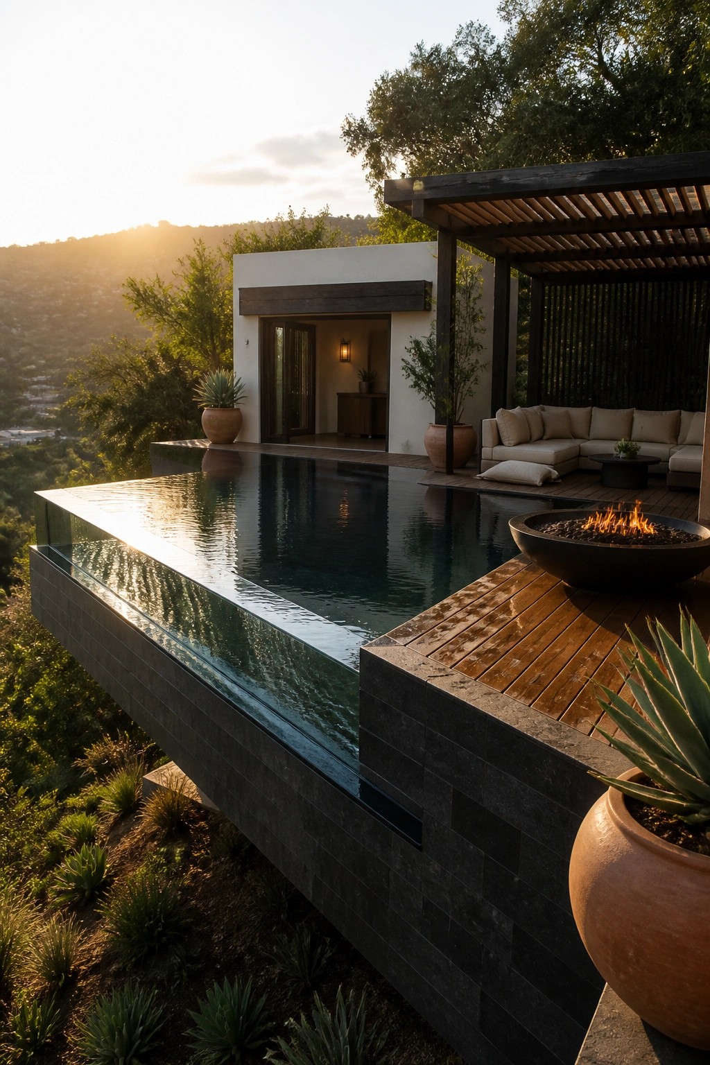 A modern home with a large cantilevered infinity pool next to a wooden deck that includes a fire pit and L-shaped outdoor seating.