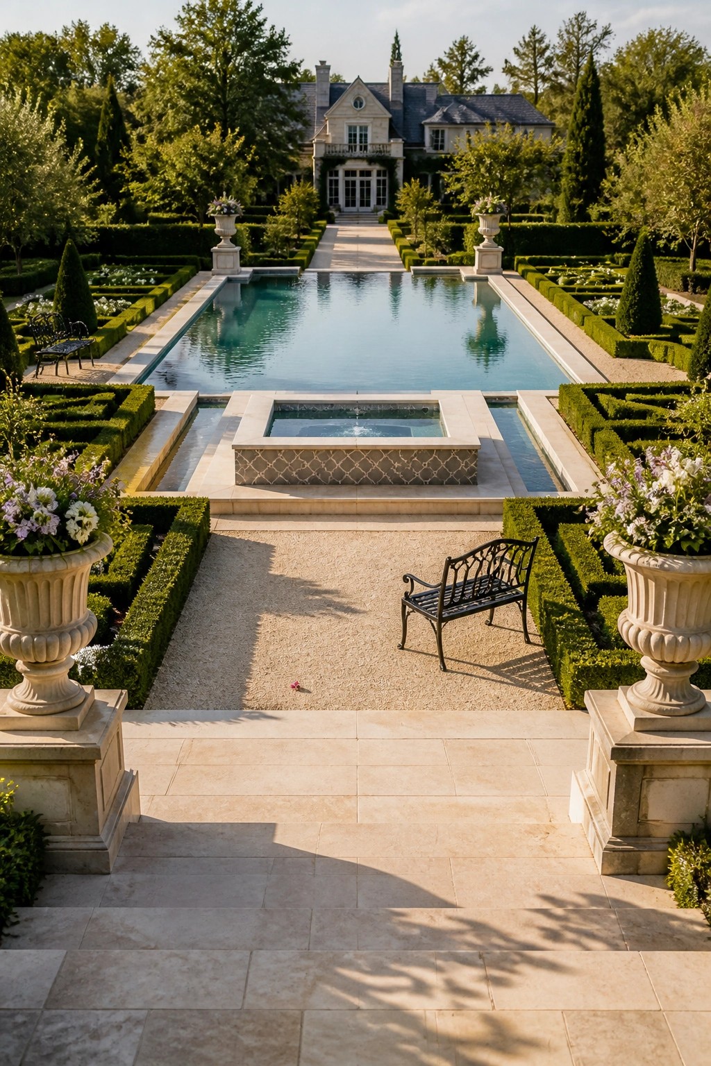 A long rectangular pool with a raised central fountain, formal hedges on both sides, and a large stone house visible at the end of the garden axis.