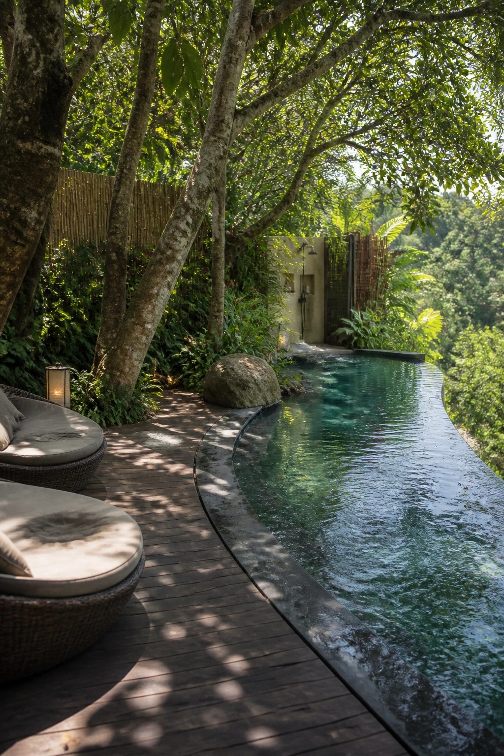 A curved infinity pool with a dark edge runs alongside a wooden deck holding two round woven lounge chairs, with trees and bamboo fencing in the background.