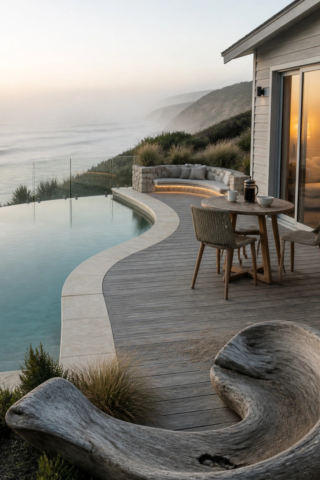 Oceanfront wooden deck with infinity pool, round table, woven chairs, and stone bench.