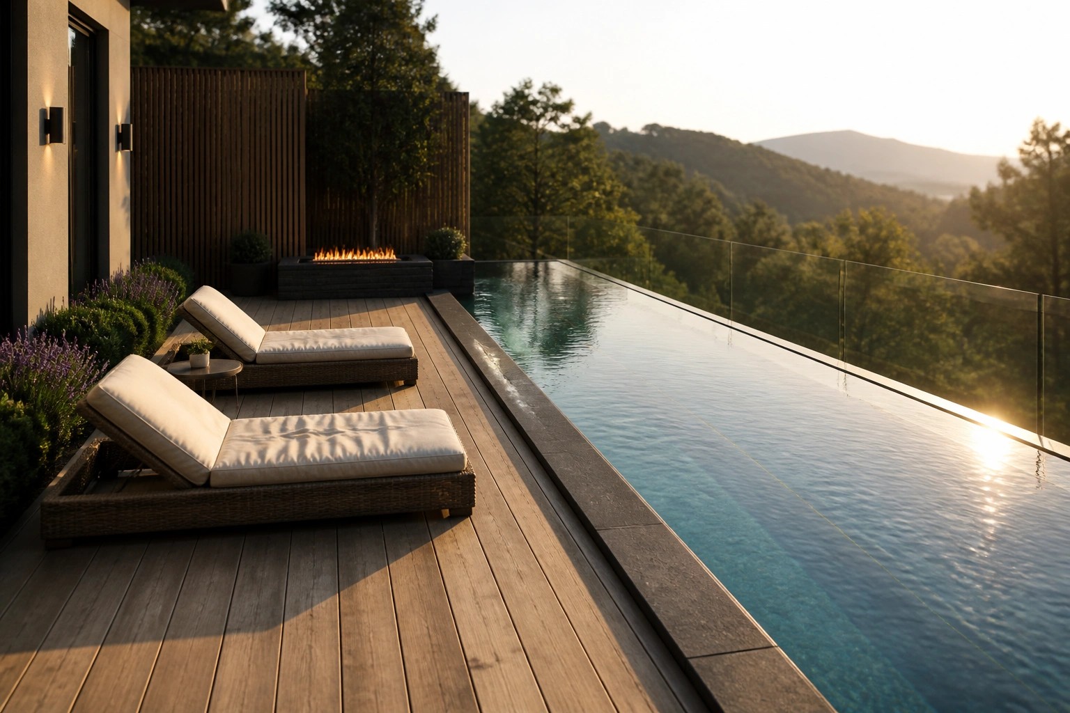 Modern wooden deck with lounge chairs beside infinity pool and fire pit at sunset
