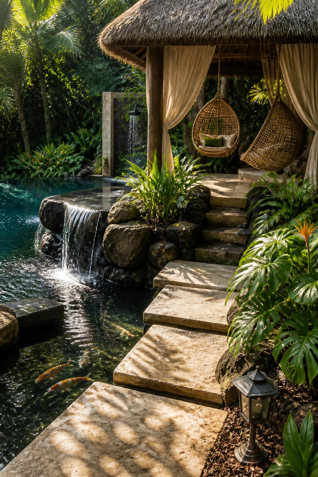 A resort-style backyard pool with a thatched pavilion, hanging woven chairs, stone steps descending to the water, and surrounding tropical plants.