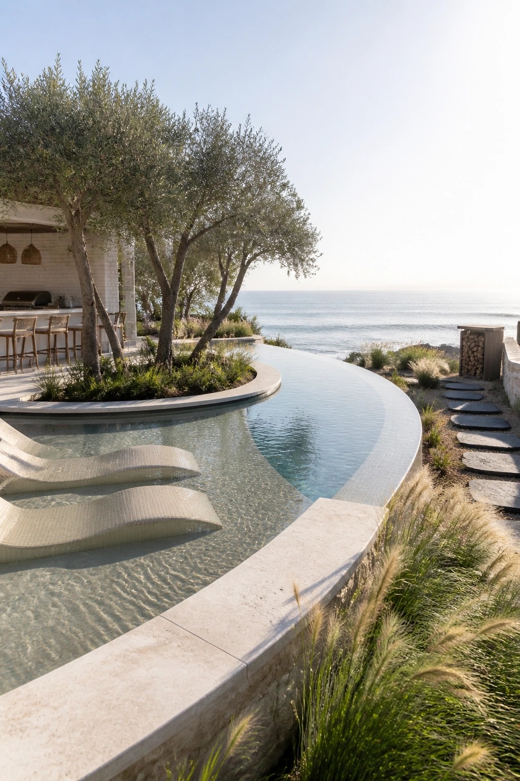 A curved infinity pool with built-in loungers sits beside a white bar area with stools, overlooking the ocean with trees and stone steps nearby.