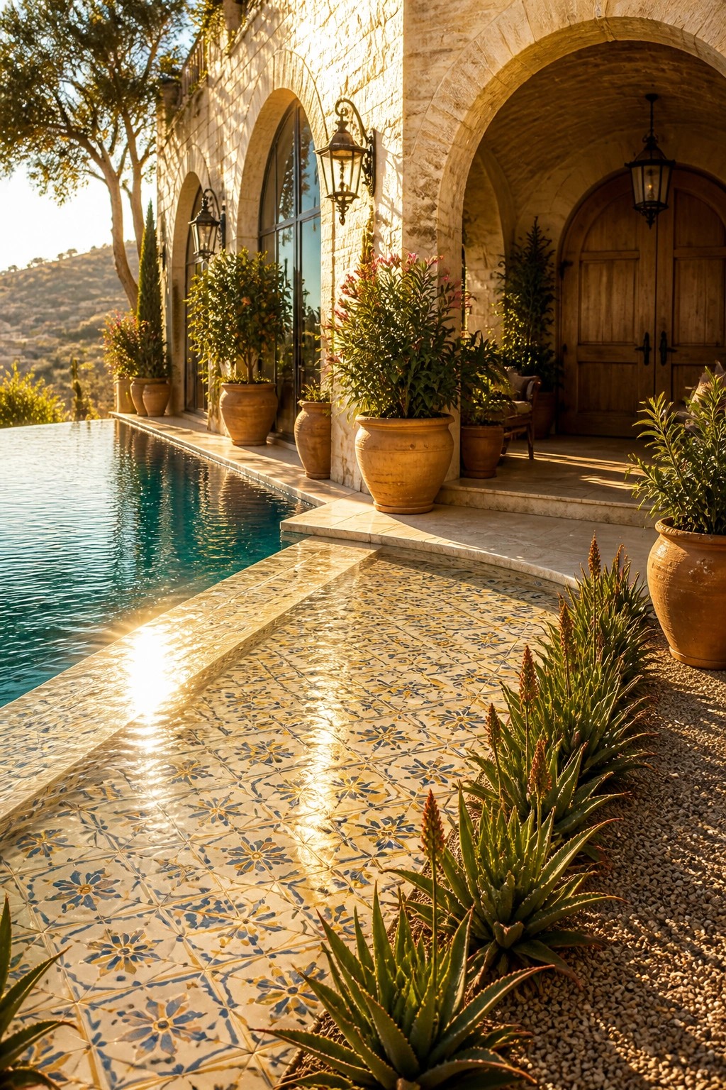 An infinity pool with a blue and yellow patterned tile deck next to a stone house with arched openings and terracotta pots.