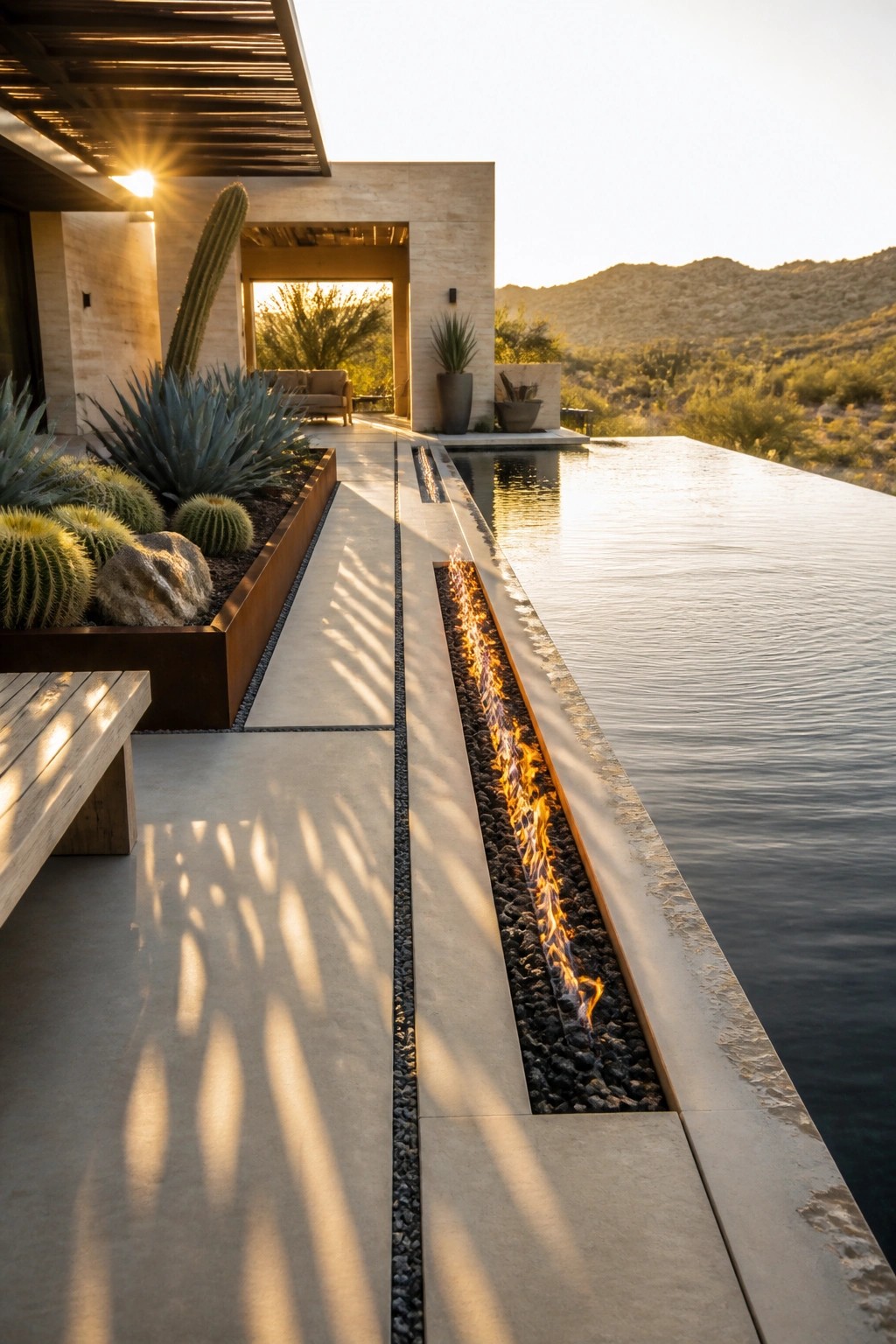 A long linear fire feature runs parallel to an infinity pool on a light stone deck with desert plants and distant hills at sunset.