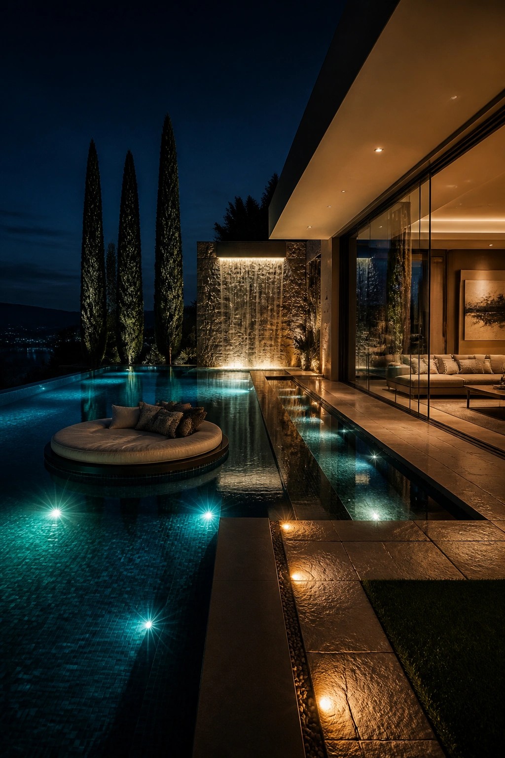 A modern infinity pool at night with a round floating lounger and a long narrow illuminated water channel running parallel to a house with large glass walls and a stone water wall feature.