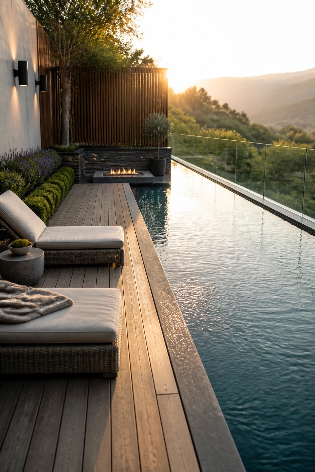 Modern wooden deck with lounge chairs beside infinity pool and fire pit at sunset