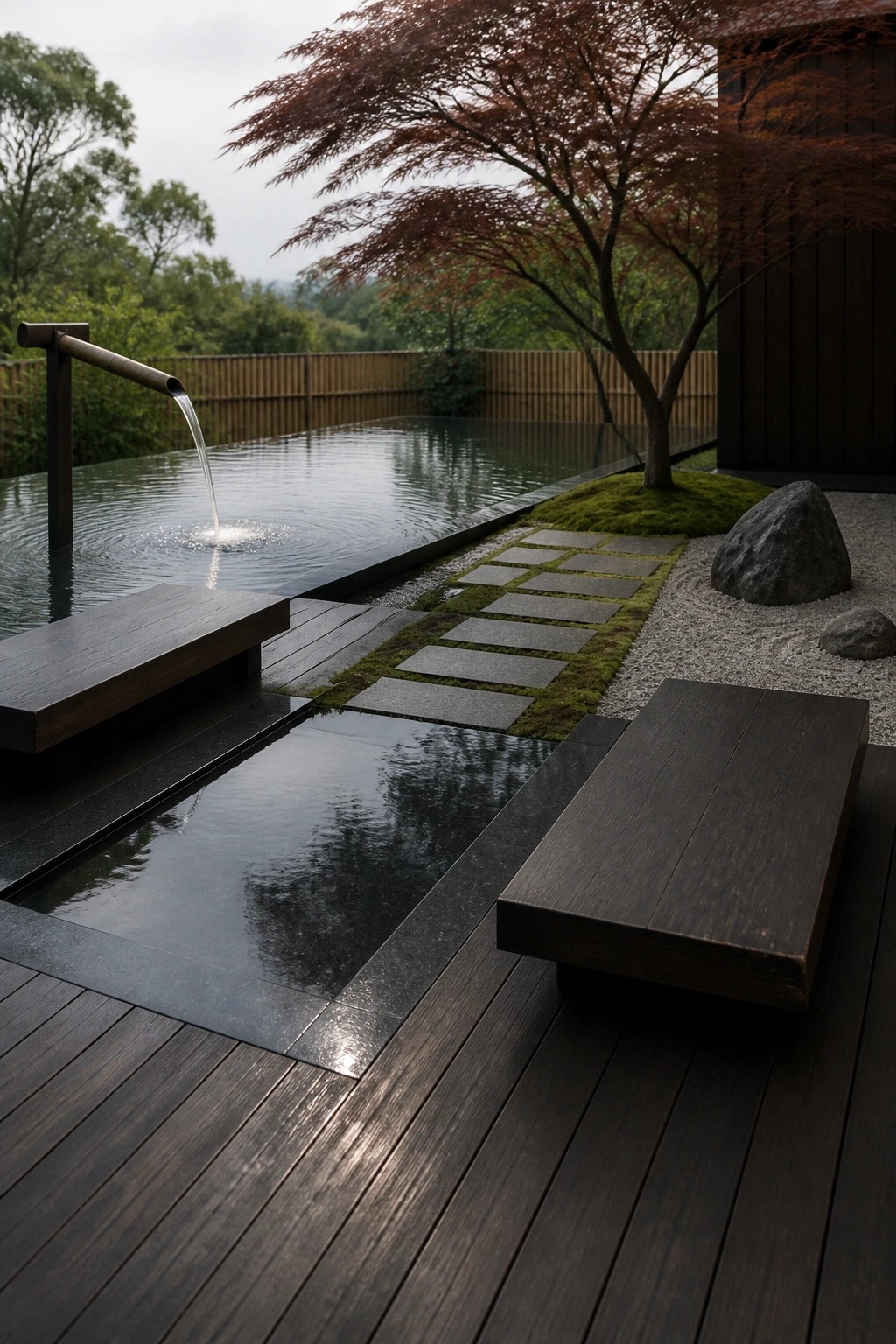 Dark wooden deck beside still pool with bamboo spout and red Japanese maple tree