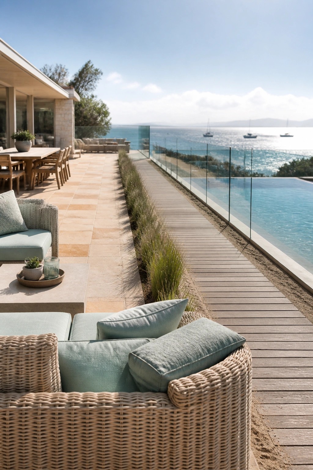 25 Elegant Pool Patio Layout Ideas That Improve Flow Around the Water Luxurious oceanfront patio with wicker sofas, infinity pool, and distant sailboats