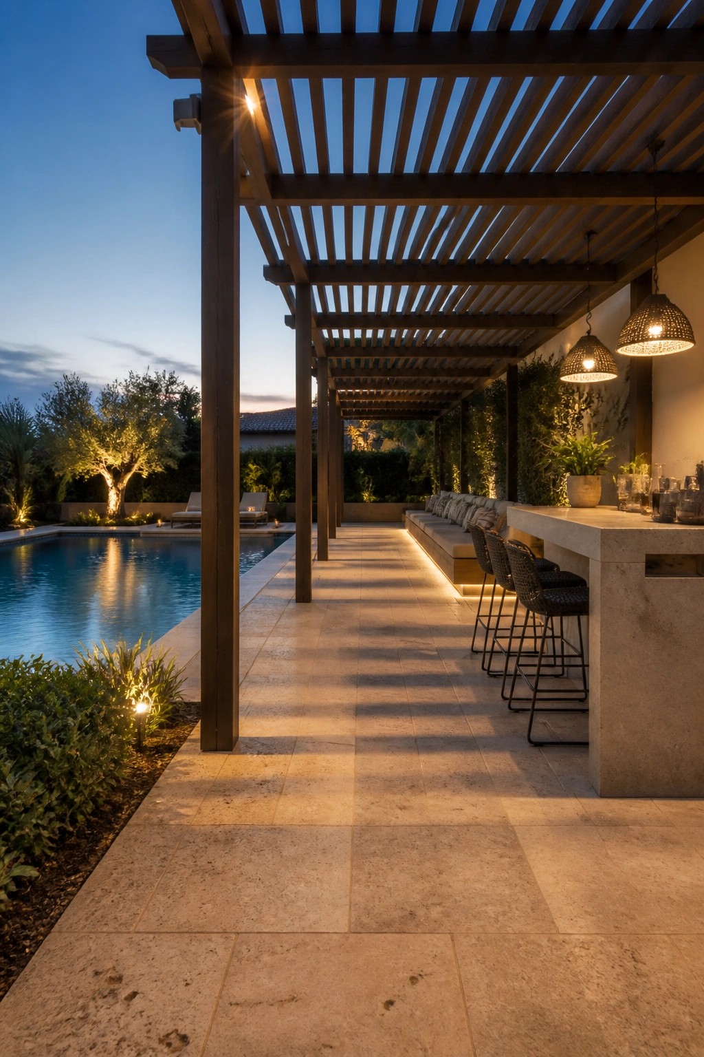 25 Elegant Pool Patio Layout Ideas That Improve Flow Around the Water An outdoor pool patio with a long stone bar counter, woven bar stools, and a wooden pergola next to a swimming pool at dusk.