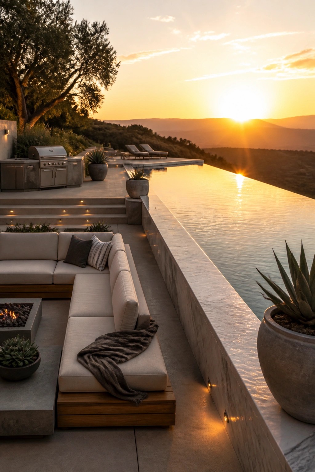 25 Elegant Pool Patio Layout Ideas That Improve Flow Around the Water An outdoor pool patio at sunset with an L-shaped sectional sofa placed directly along the infinity pool edge, an outdoor kitchen on the left, and hills in the background.