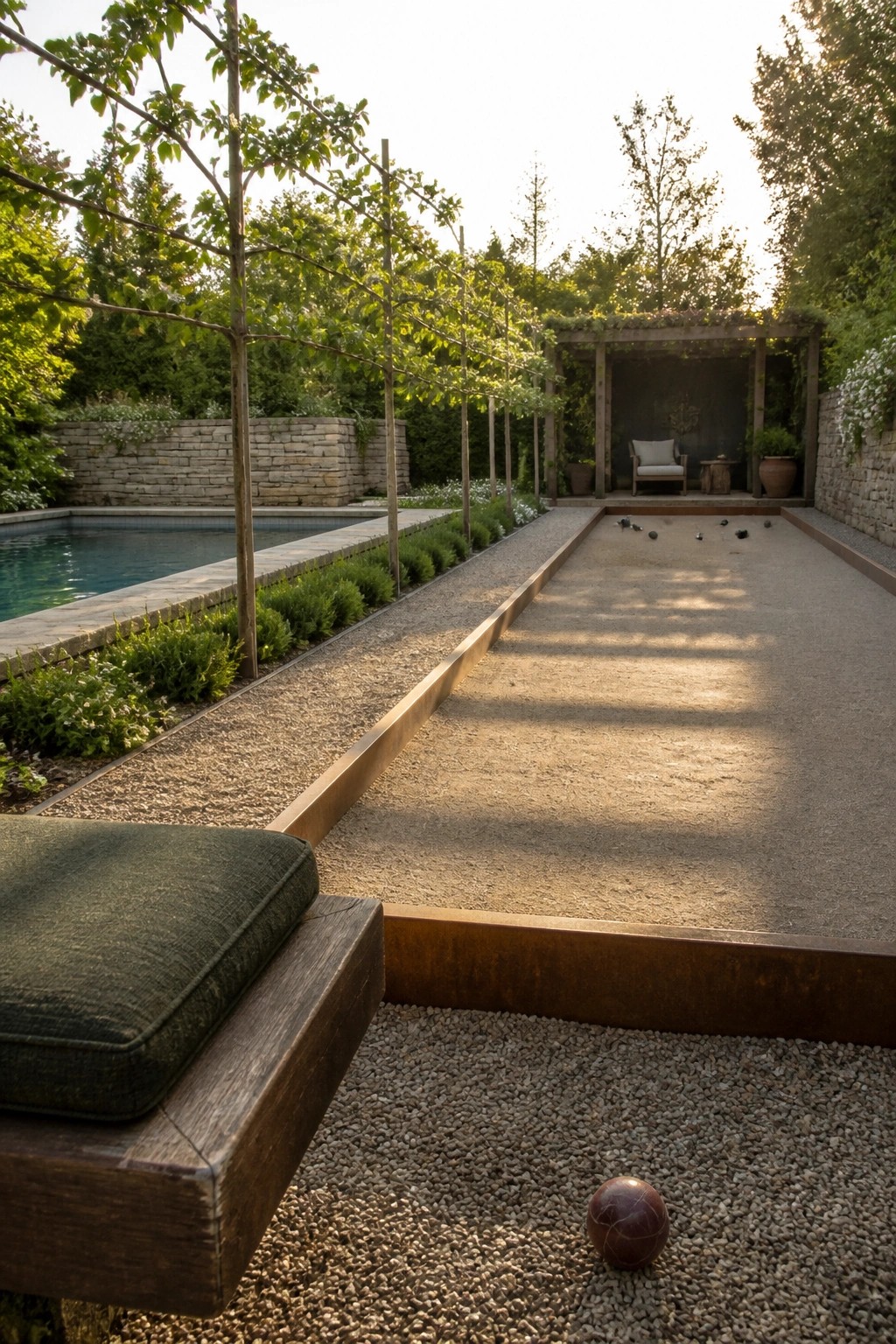 25 Elegant Pool Patio Layout Ideas That Improve Flow Around the Water A backyard scene showing a rectangular swimming pool on the left and a long bocce ball court on the right, divided by a metal edge and gravel, with trees and a pergola in the background.