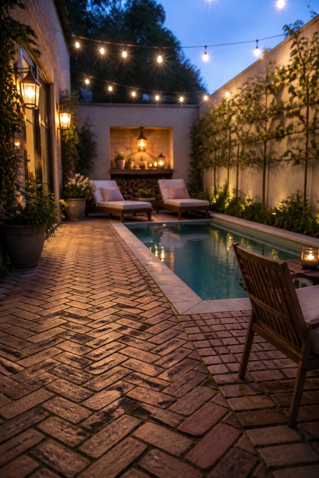 25 Elegant Pool Patio Layout Ideas That Improve Flow Around the Water A rectangular pool with herringbone brick paving running along one side, two lounge chairs, string lights overhead, and a wooden chair in the foreground at dusk.